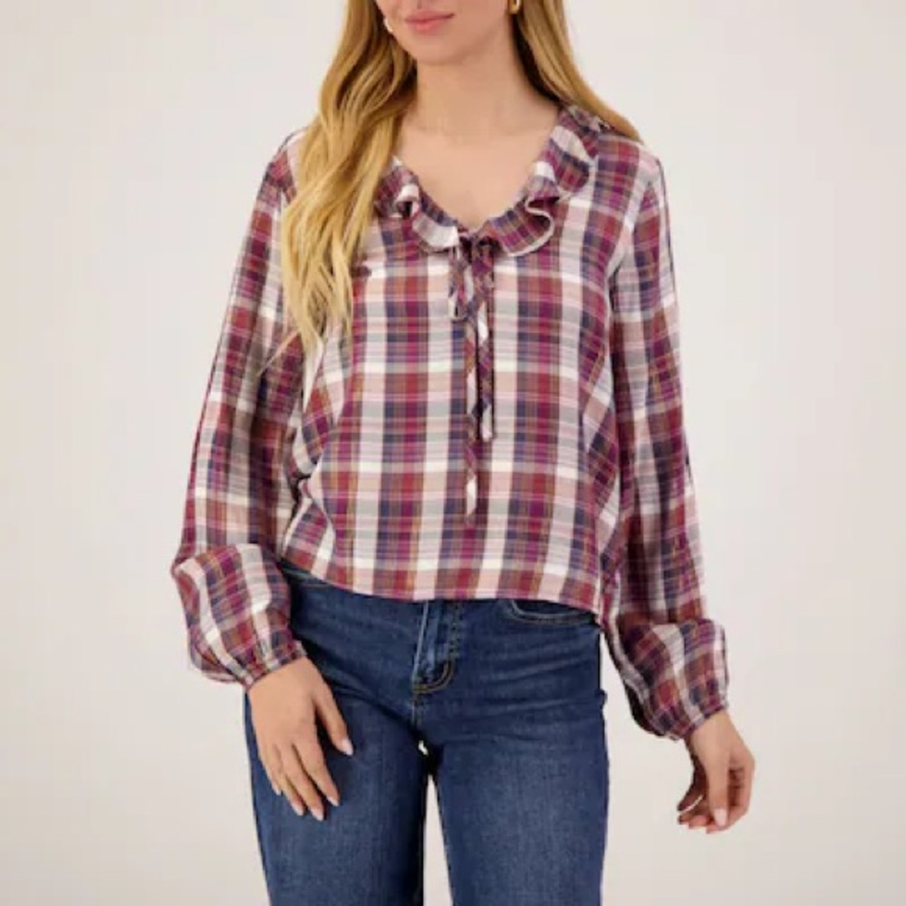 cloth & stone Mauve Plaid Ruffle-Tie Long Sleeve Top medium